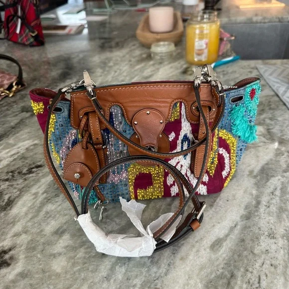 Ralph Lauren MINI SOFT RICKY EMBELLISHED TOP HANDLE BAG IN NAVY MULTI NWT - Picture 6 of 10